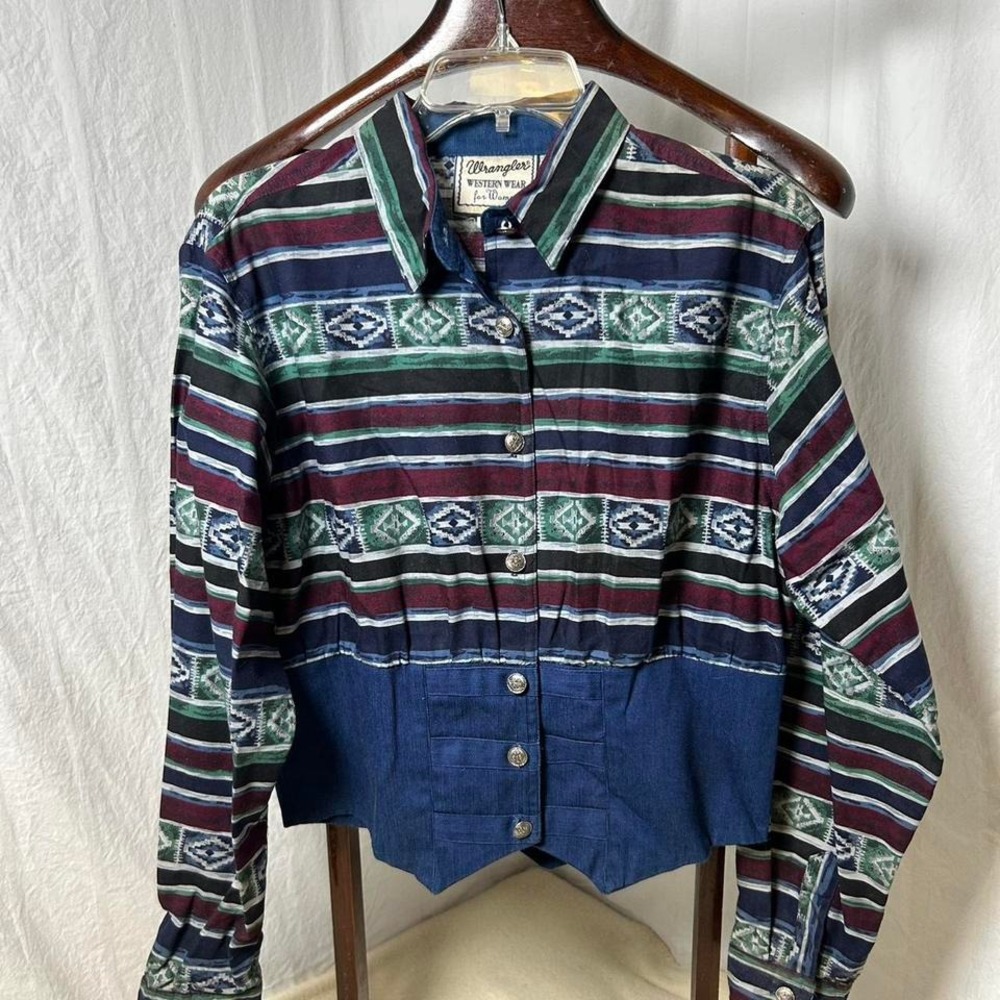 Vintage Wrangler‎ Womens Western Wear Cropped Long Sleeve Blouse Size XL Aztec
